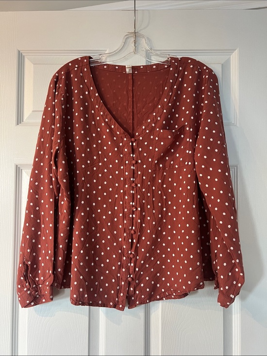 Ripzone Tops - Rust Polka Dot V-Neck Button-Front Blouse